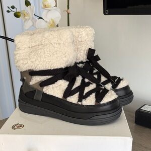Moncler Cream Shearling and Black Lace-Up Platform Winter Boots